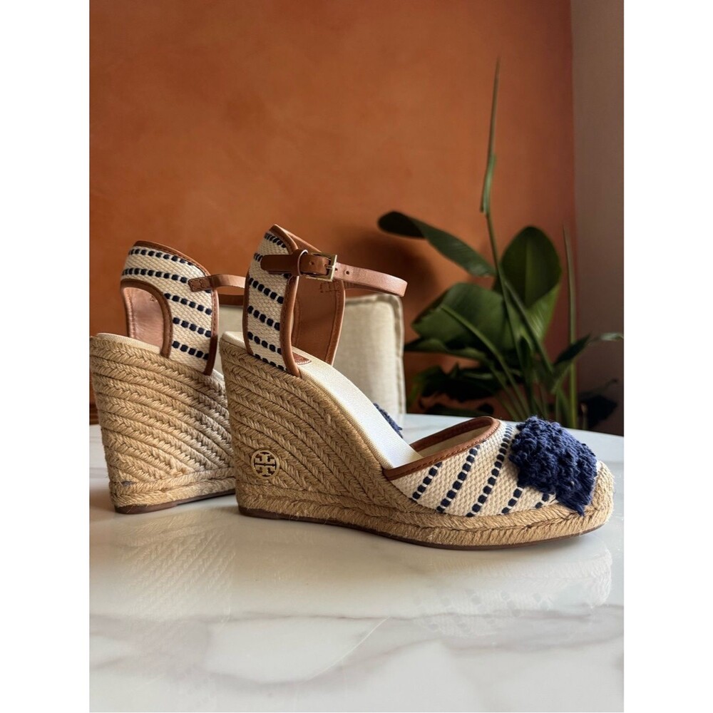 Tory Burch Navy Fringe Espadrille Wedge Sandals Coastal Resort 11